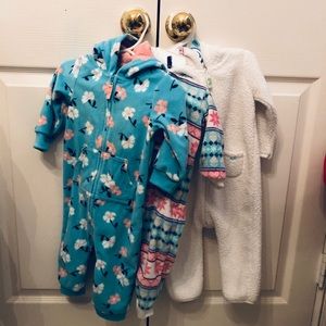 Three Hooded full body fleece suits—9 months